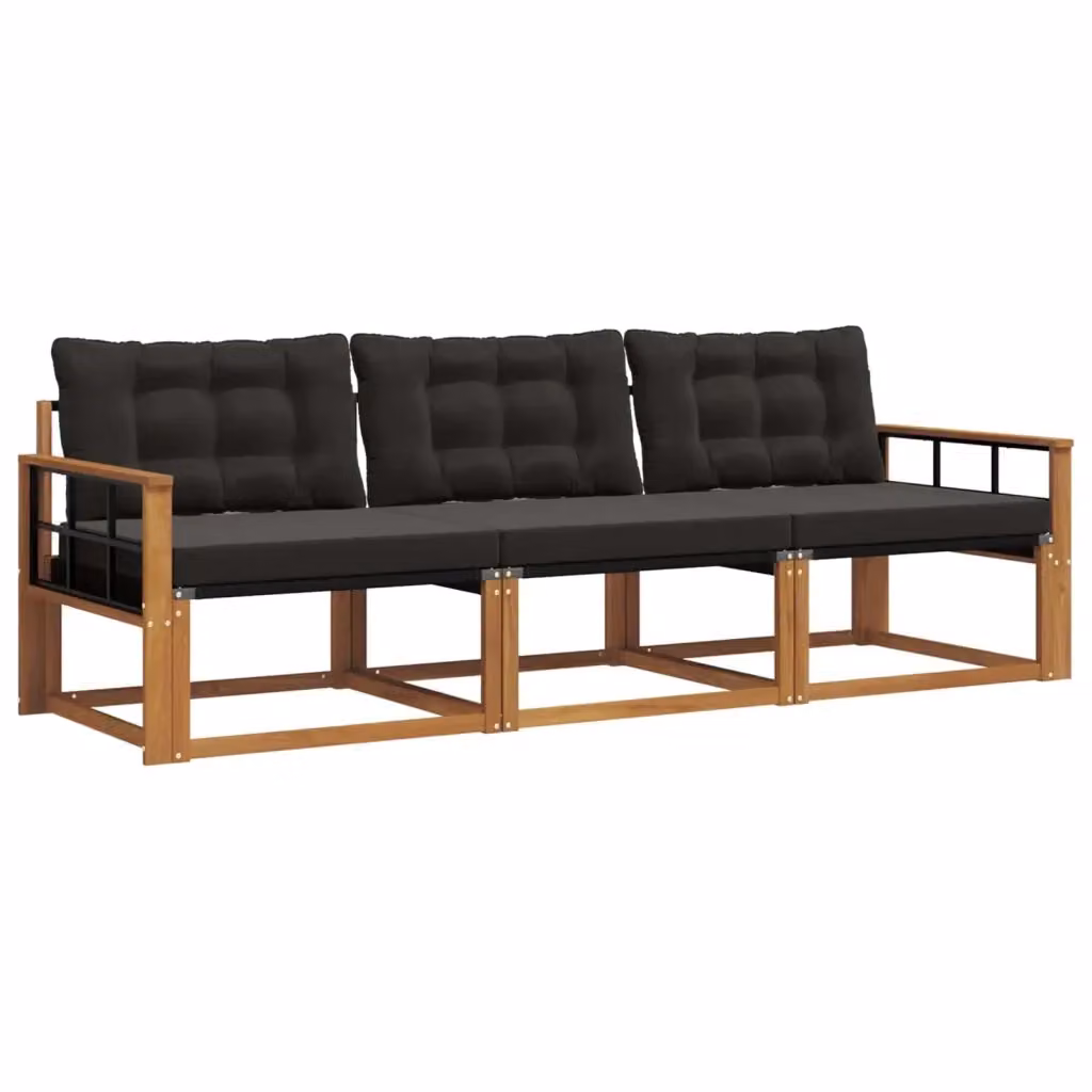 Set di divani da esterno 3 posti vidaXL in legno di acacia e textilene, colore marrone e nero, con cuscini inclusi – 2