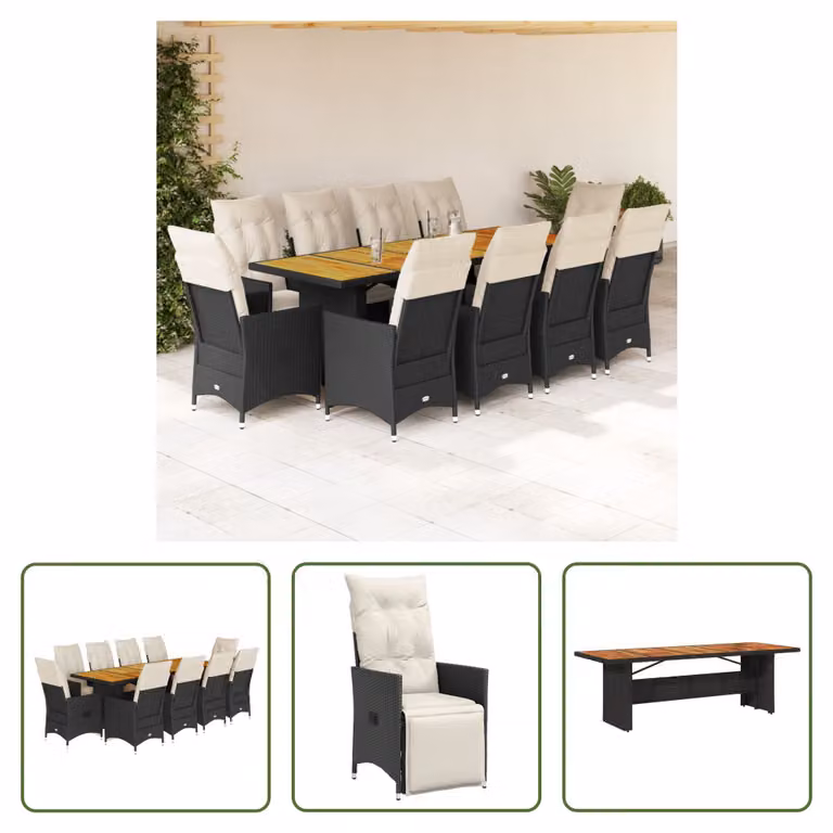 The Living Store Set bistrot da giardino da 11 pezzi con cuscini in poly rattan nero