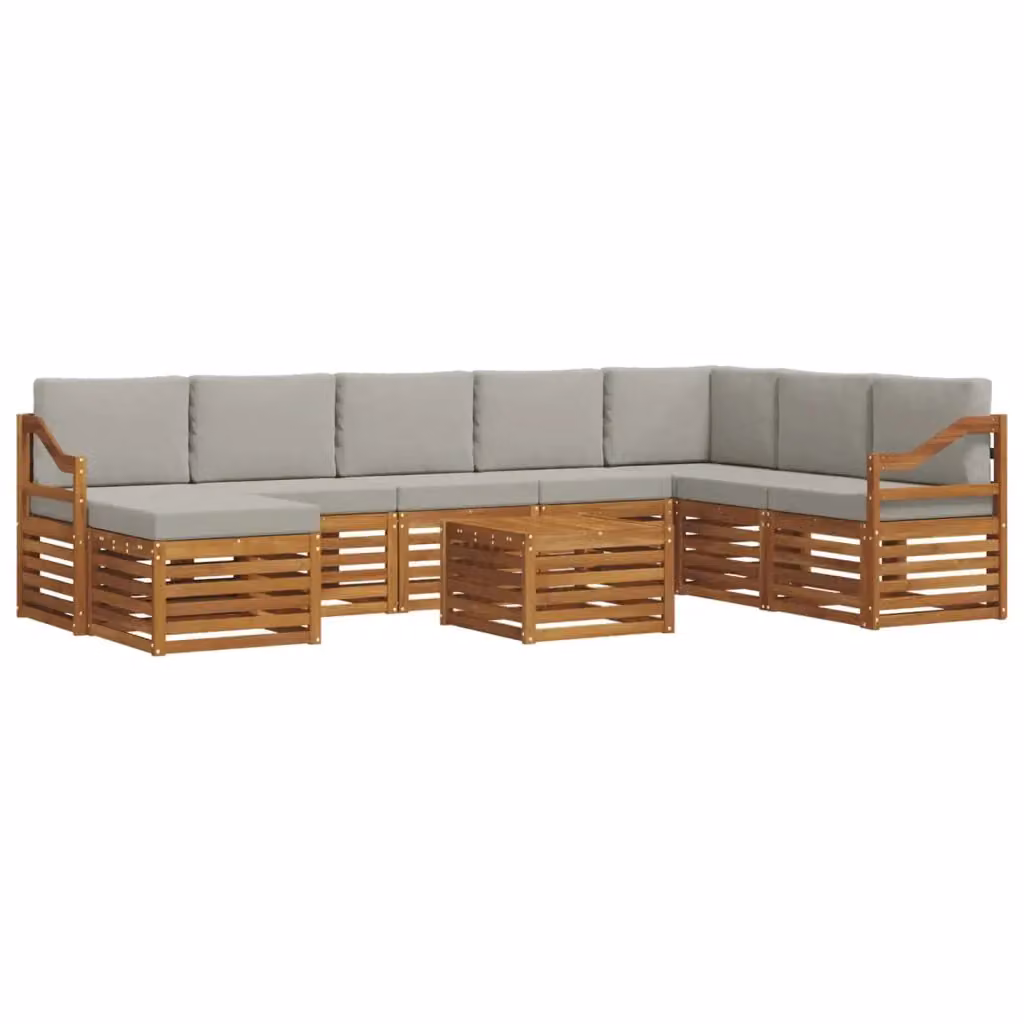 Set di divani da esterno a L vidaXL in legno di acacia con cuscini grigi, composto da 9 pezzi con tavolino e pouf – 2