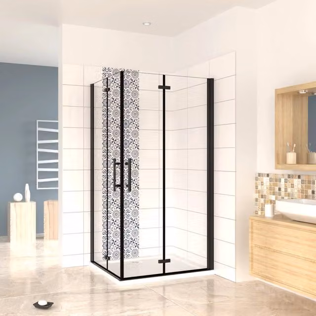 190 cm Box Doccia Angolare Doppia Porta Battente Pieghevole 76x80 cm in Vetro Temperato Trasparente 5 mm Anticalcare Telaio Nero Opaco