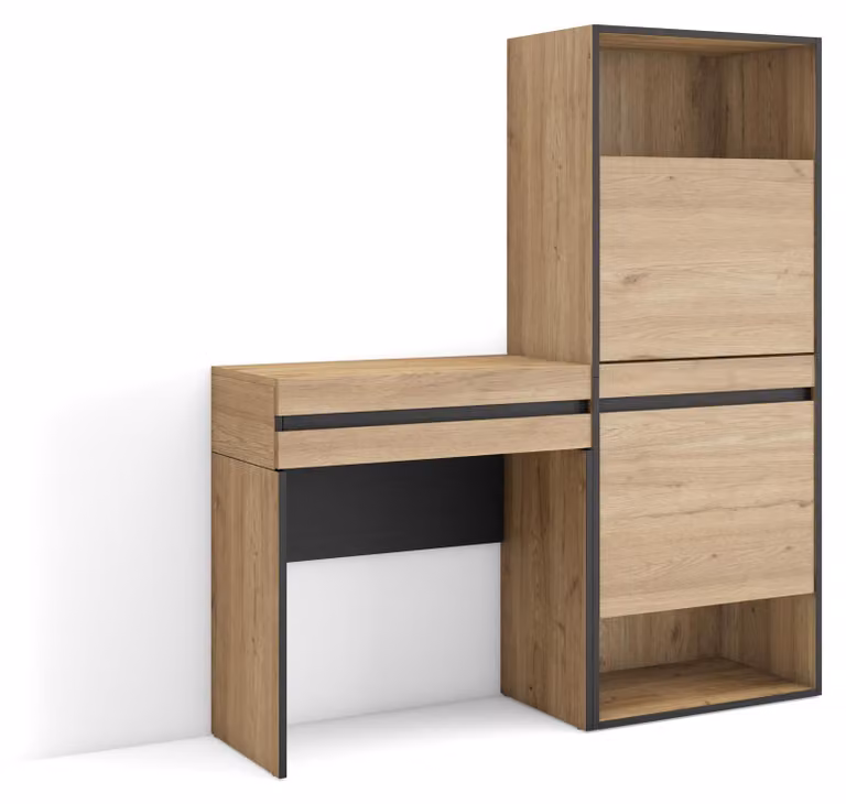 Armadio per scarpe, dimensioni 130x145x35 cm, legno di quercia, con 2 ante e 2 ripiani aperti