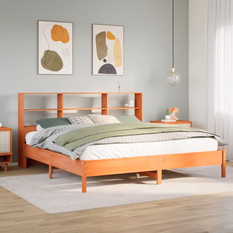 vidaXL Letto Libreria in Legno di Pino Massiccio Marrone Cera con Ripiani Laterali L/P/H: 200 x 110 x 228,5 cm