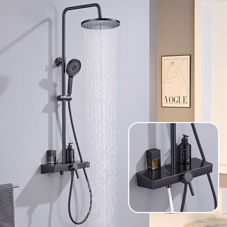 Sistema doccia senza termostato, con soffione da 26 cm e doccetta manuale, altezza regolabile, ripiano, miscelatore orientabile, colore nero