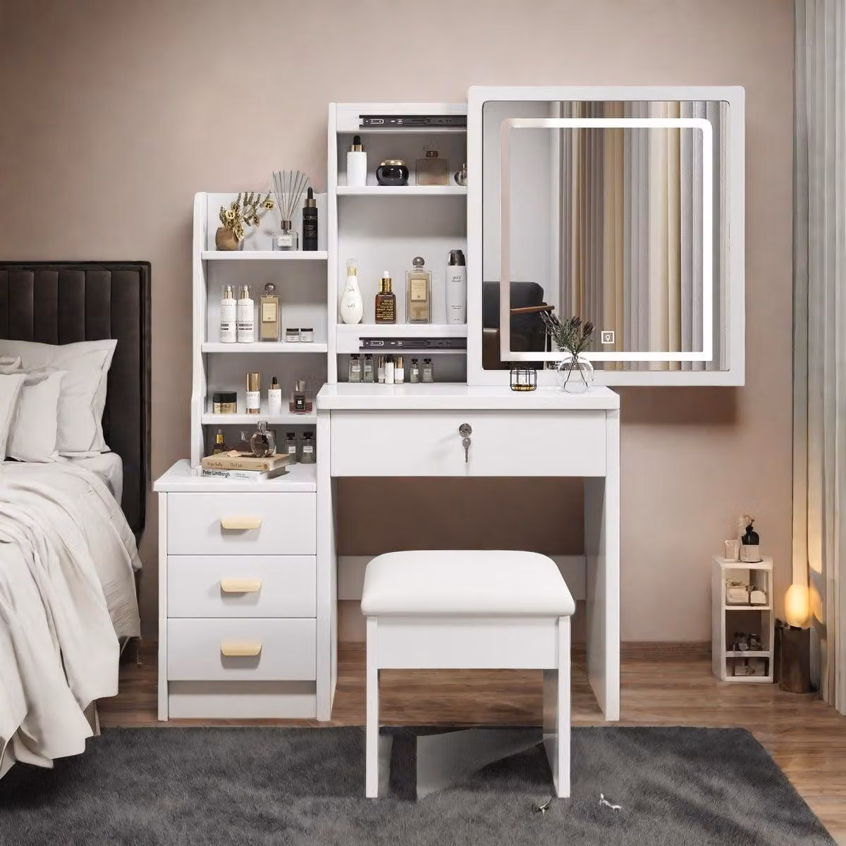 Toeletta con illuminazione a LED, 3 tonalità di luce, 4 cassetti, sgabello incluso, bianco