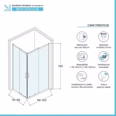 Box doccia angolare Tay con doppio sistema scorrevole e vetro stampato decorato, L: 80 cm, P: 100 cm, H: 195 cm – 2