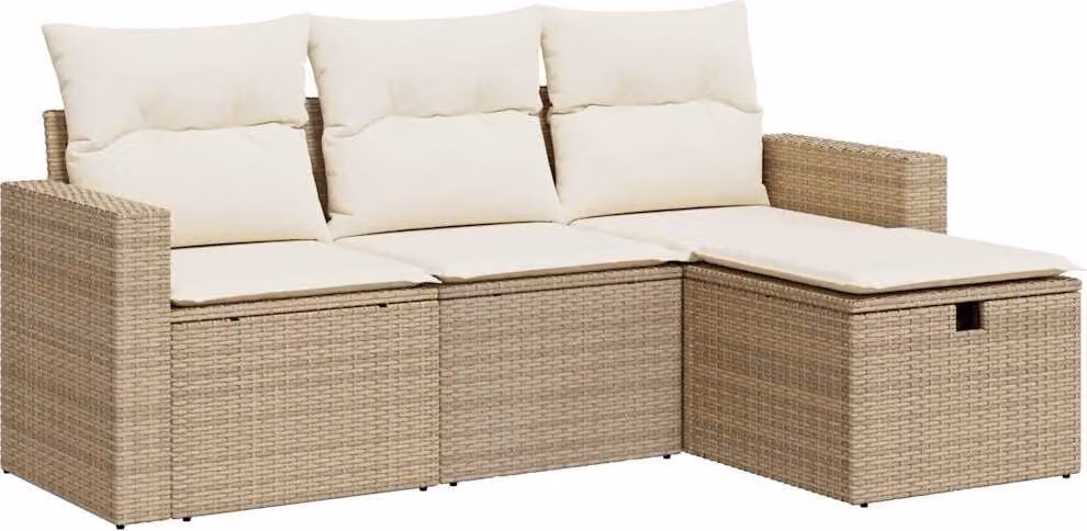 Set Divano da Giardino 4 pz con Cuscini Beige in Polyrattan