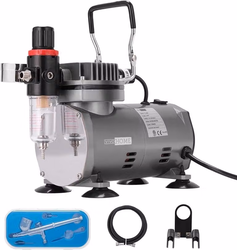Kit per aerografo con compressore d'aria 1/5 PK e pistola a spruzzo a doppia azione – sistema silenzioso con supporto