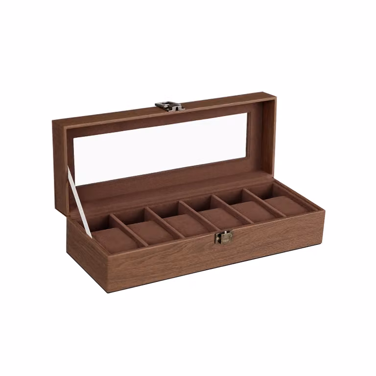 Scatola Porta Orologi con 6 Slot Marrone | SONGMICS, Superficie In Pu Marrone + Interno Marrone / 6 Posti（11,2 x 30 x 8 cm ）