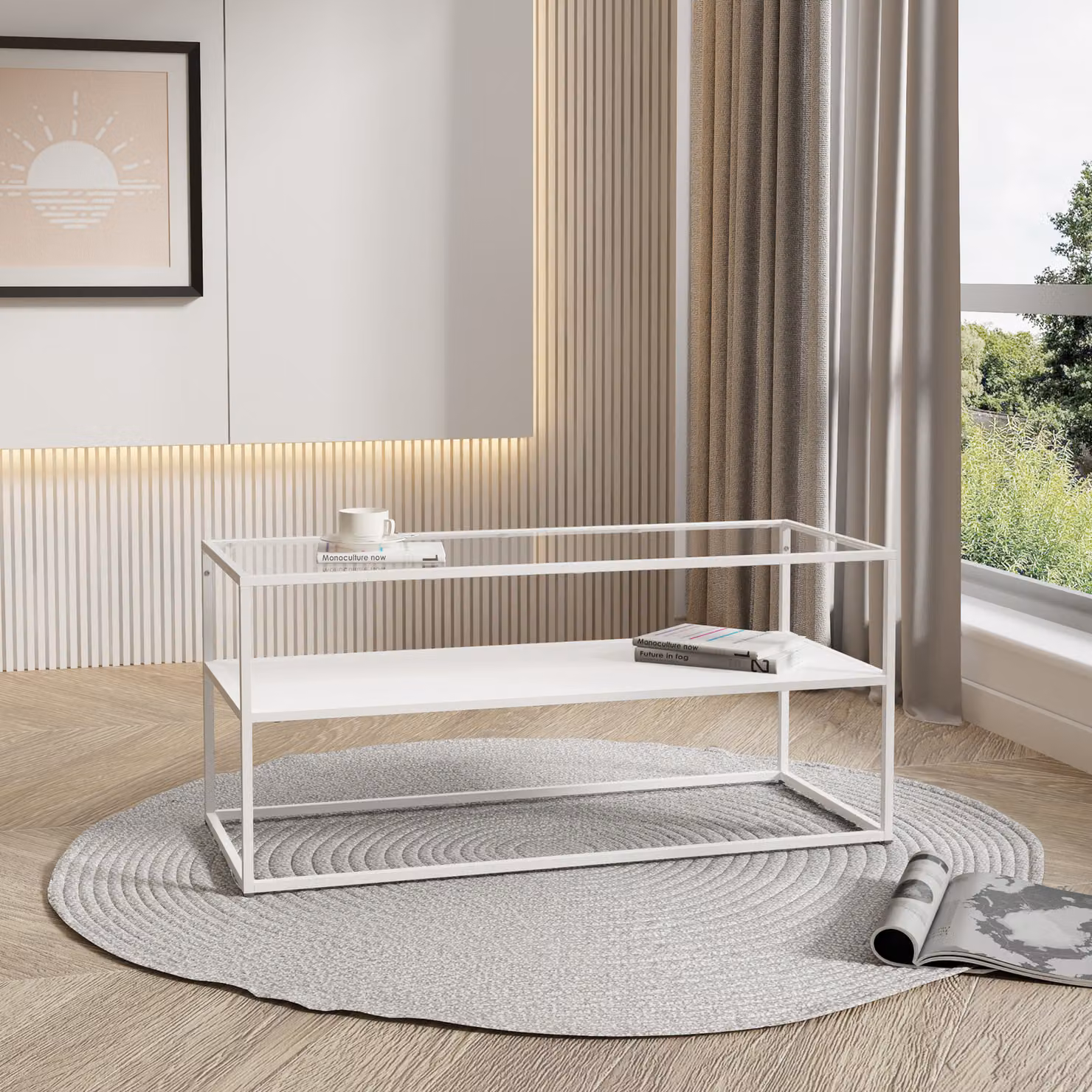 Tavolino 'Solund' acciaio vetro 102 x 43 x 46 cm bianco, opaco