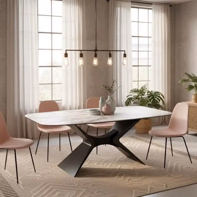 Tavolo da pranzo fisso Halo Duzzle in ceramica e vetro effetto marmo bianco, design moderno rettangolare per 8 persone, L: 220 cm, P: 110 cm – 1