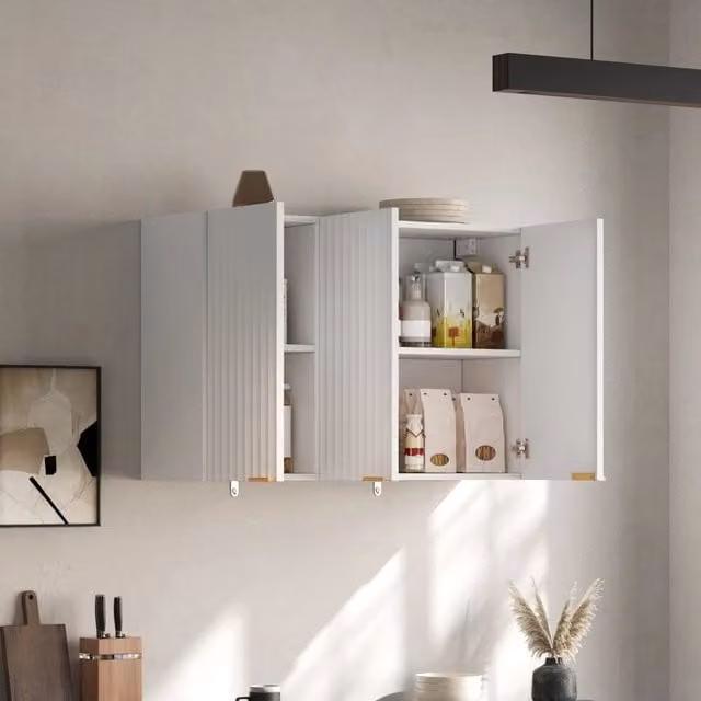 Armadietto pensile chiuso con 3 ante ondulate e maniglie dorate per cucina e bagno in MDF bianco, 90 × 29 × 60 cm