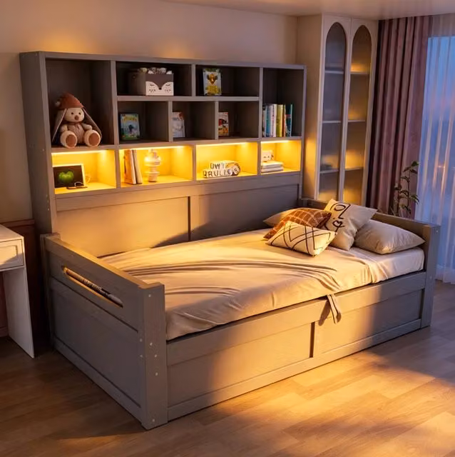 Letto multifunzione 90x200 cm con contenitore idraulico; LED e prese; grigio