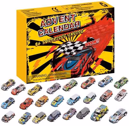 Calendario dell'Avvento a tema natalizio 2025 - 24 pezzi di giocattoli per auto - Calendario dell'Avvento - Calendario dei giochi post-natalizio - Giocattoli per bambini - Dimensioni 33 x 28 x 3,6 cm - Calendario dell'Avvento per bambini