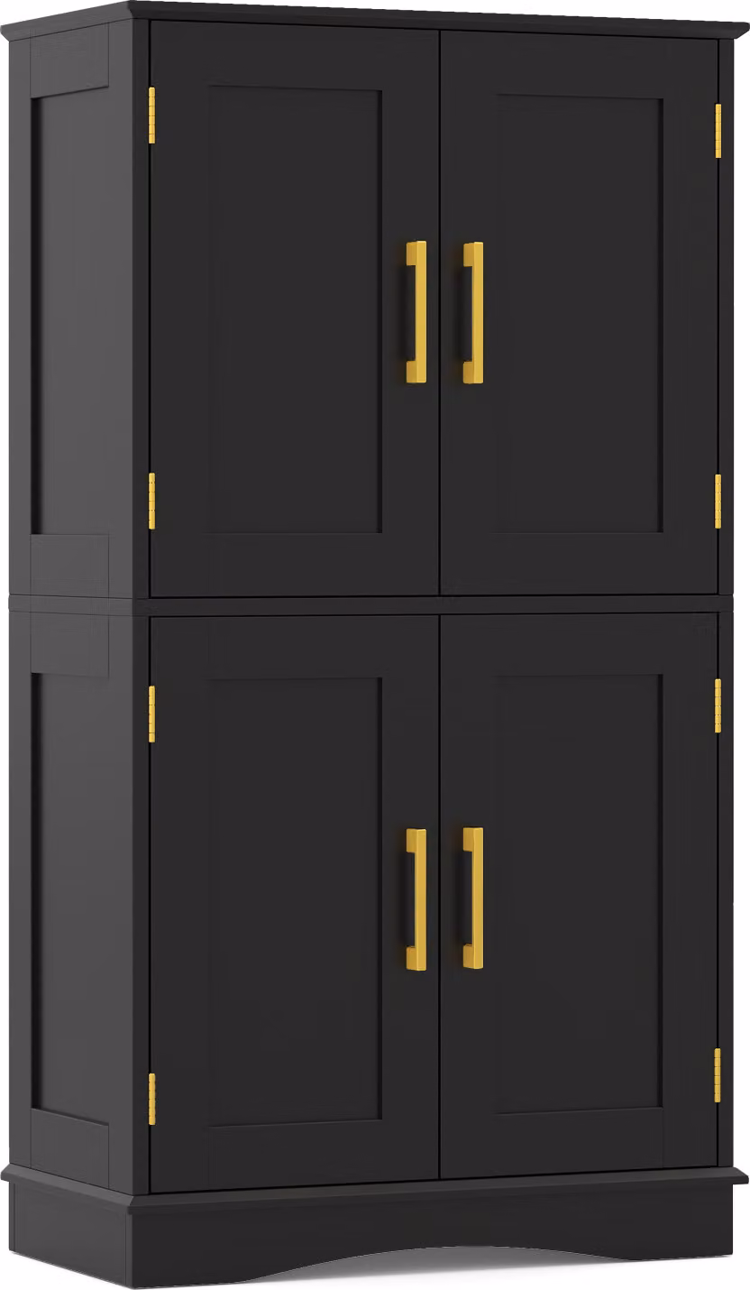 COSTWAY 110 cm mobile contenitore in legno a libera installazione con 4 ante 2 ripiani regolabili, mobile da cucina con protezione antiribaltamento nero