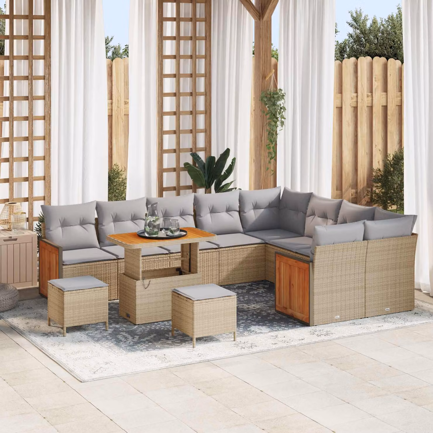 Set Divano da Giardino vidaXL 12 posti a L con Tavolino e Pouf, Beige e Grigio – 1