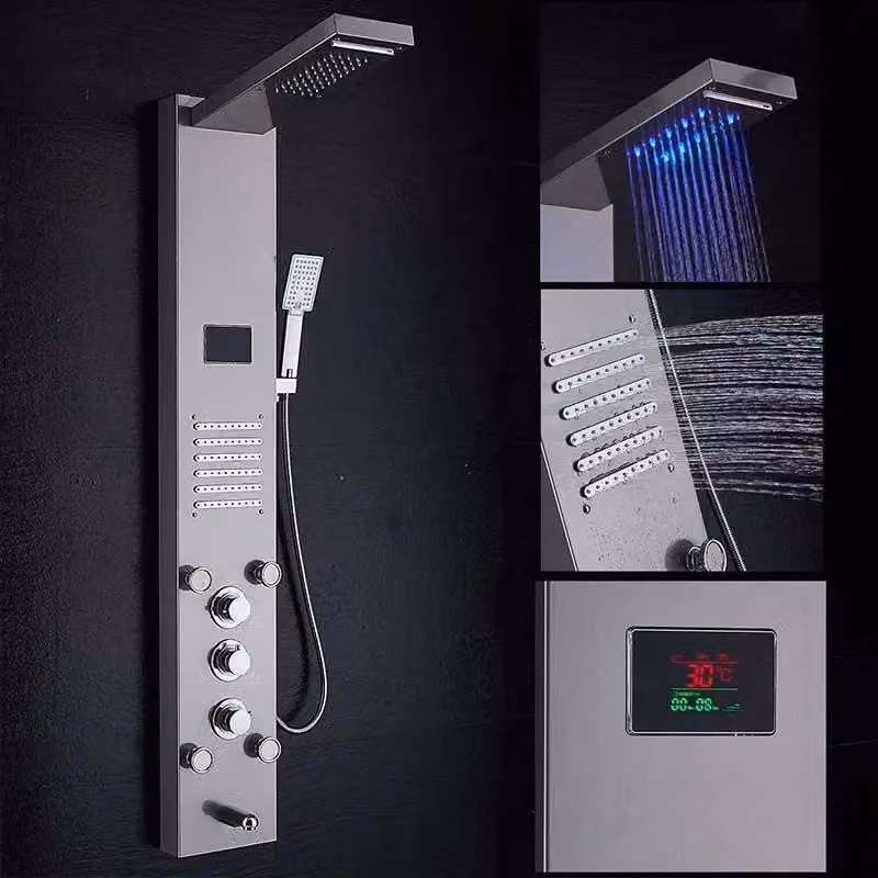 Pannello doccia LED - Colonna doccia 8004 - Doccia a pioggia e cascata - Getto massaggio corpo - Display digitale della temperatura - Acciaio inossidabile - Finitura nichel spazzolato