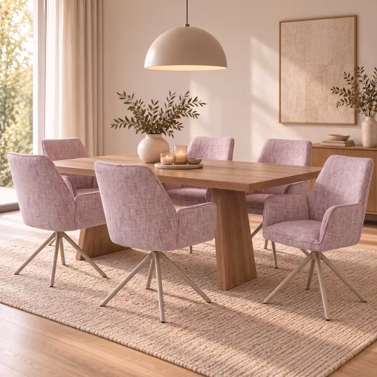 Set di 6 sedie da pranzo modello HWC-G67, girevoli, con meccanismo di auto-regolazione, rivestite in tessuto chenille (410g/m²), struttura color crema, seduta color rosa