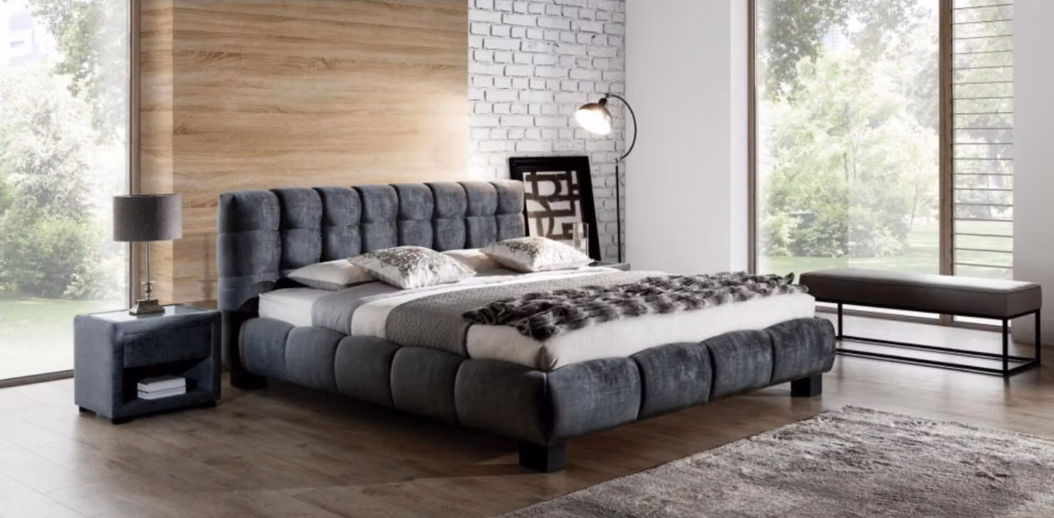 Bett Grau Schlafzimmer Möbel Textil Design 160x200cm Polster Hotel Betten Samt