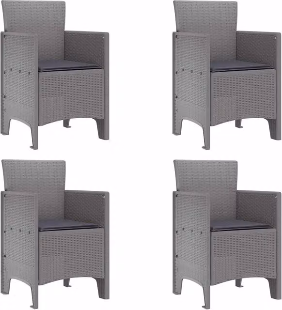 Set di 4 sedie da giardino moderne in rattan e tessuto textilene con cuscini, colore grigio, L/P/H: 53 x 49 x 85 cm
