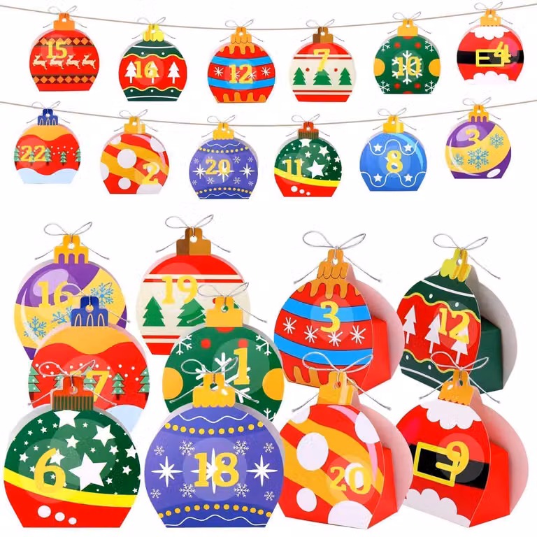 Calendario dell'Avvento da riempire, per bambini. 24 scatoline con numeri e nastrini, ideali per creare decorazioni natalizie fai-da-te