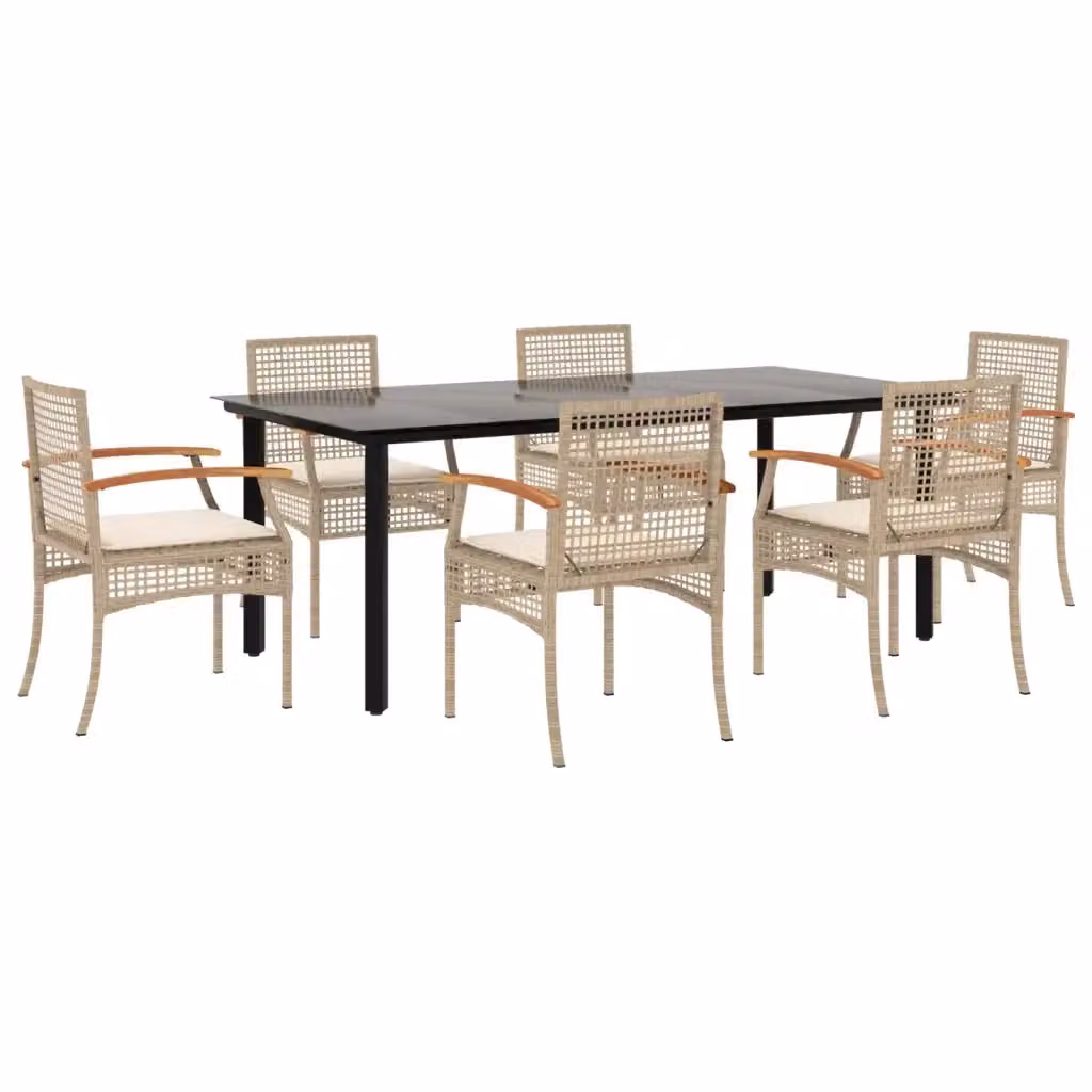 Set da pranzo da giardino vidaXL in polyrattan con tavolo in legno di acacia e vetro, 7 pezzi, beige – 2