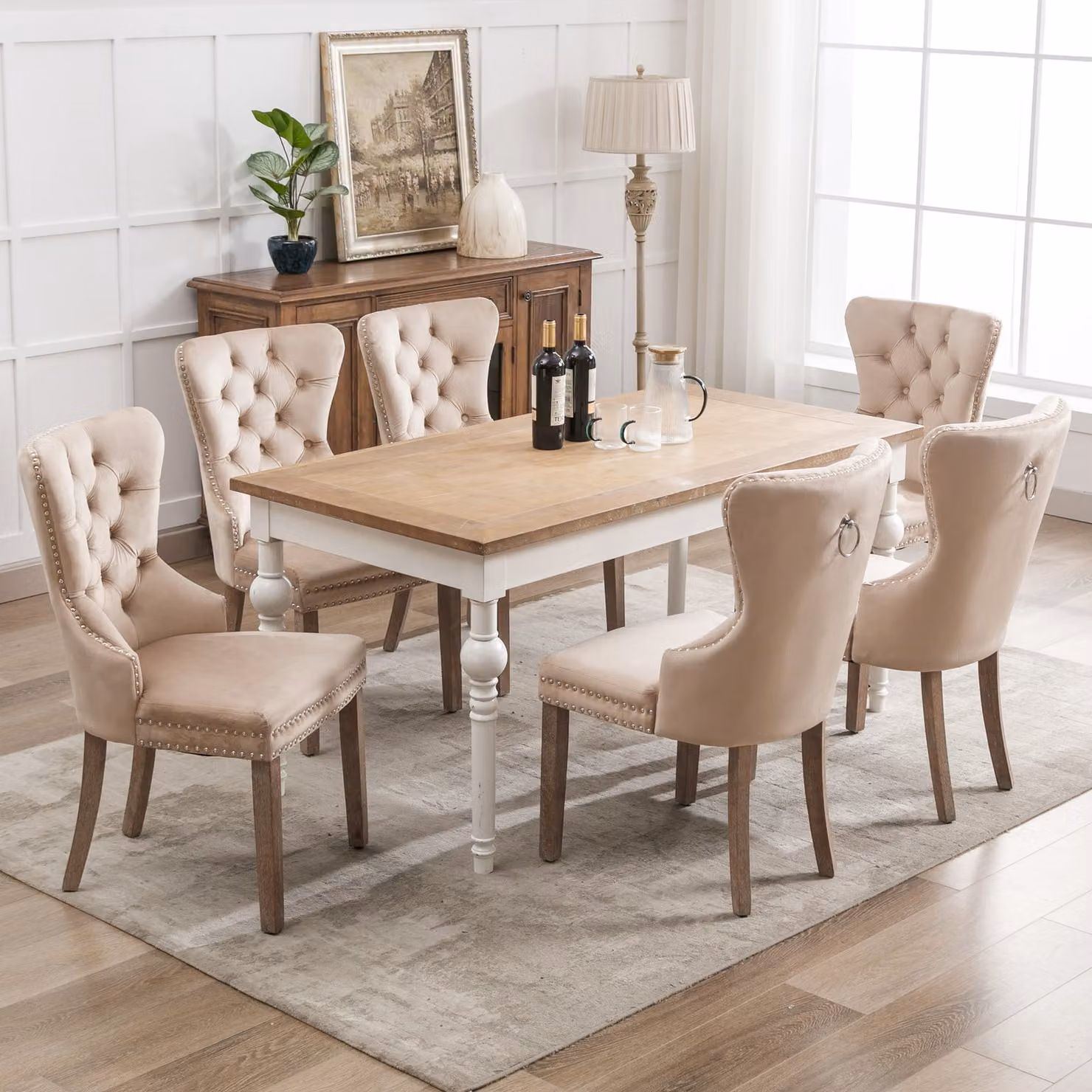 Set di 6 sedie da pranzo Flieks, sedia da cucina con gambe in legno massiccio e anello di trazione, sedia da pranzo imbottita con rivestimento in velluto, beige