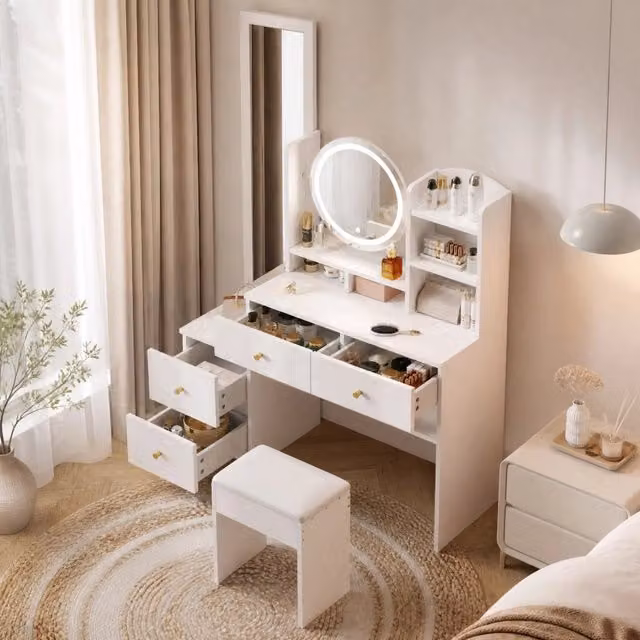 Toeletta 4 in 1 MODFU con specchio LED a figura intera e sgabello, Bianco, L: 109 cm, P: 36 cm, H: 164 cm