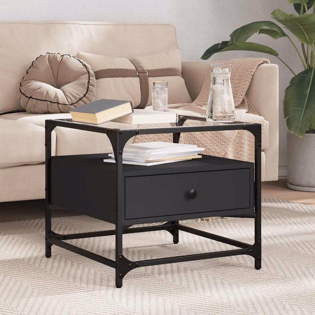 vidaXL Tavolino Quadrato Moderno con Piano in Vetro Nero e Struttura in Metallo L/P/H: 50 x 50 x 45 cm