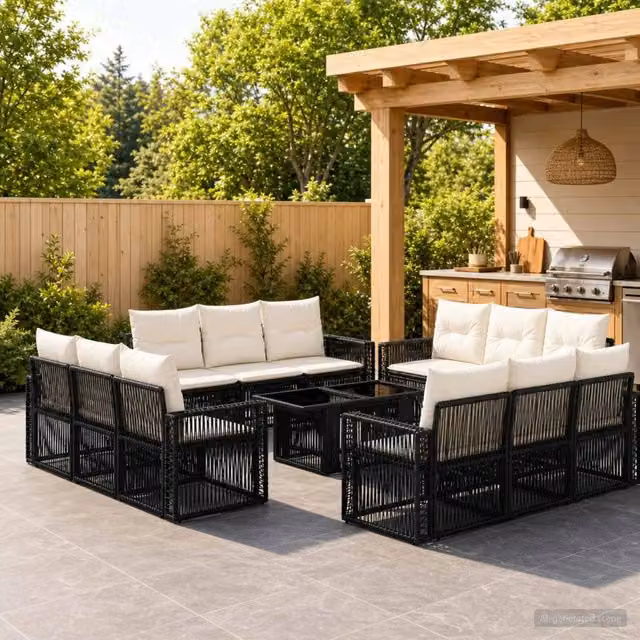 Set Divano da Giardino vidaXL in Polyrattan Nero e Bianco Crema con Tavolino e Cuscini a Forma di U – 1
