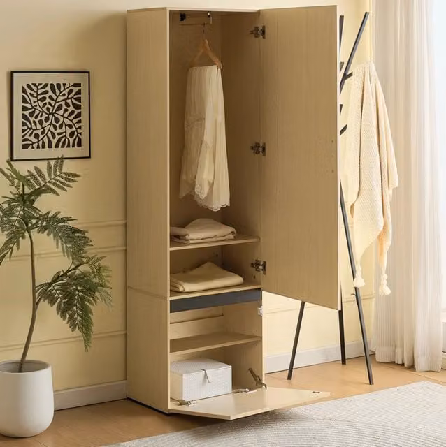 Armadio guardaroba stretto MODFU con specchio su anta, effetto legno, L: 54 cm, P: 34,5 cm, H: 179,5 cm