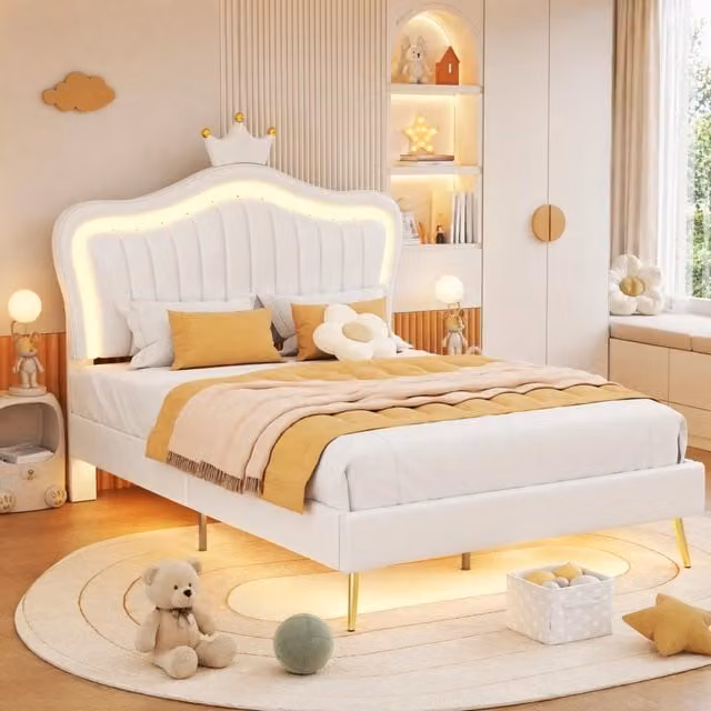 Letto imbottito per bambini MODFU bianco con illuminazione sottostante e luce da lettura, L/P: 90 x 200 cm