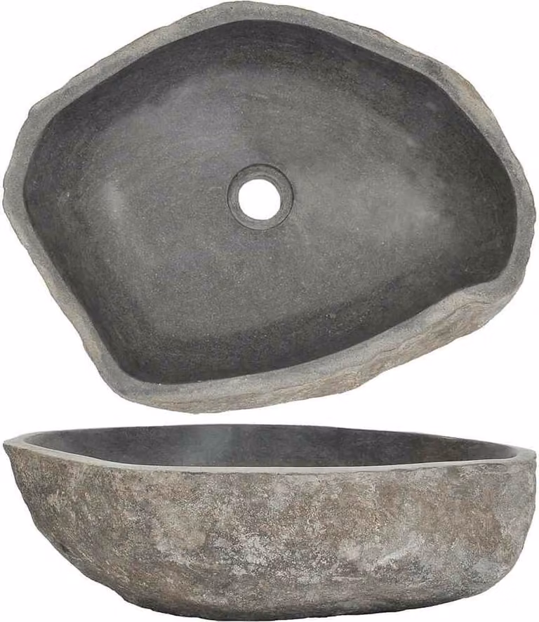 Lavabo AIORBER Lavabo da bagno in pietra di fiume Lavabo ovale in pietra naturale, grigio