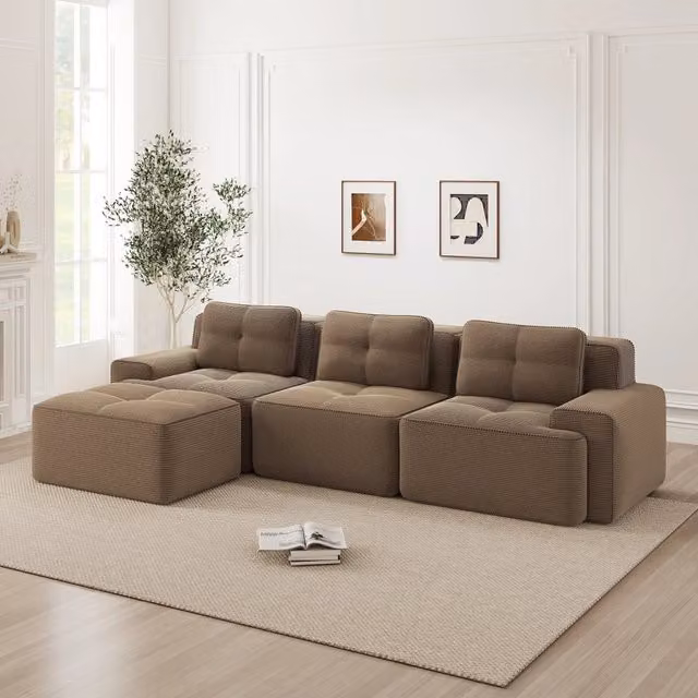 Divano Modulare Angolare 3 Posti con Poggiapiedi ¨C MINIMAL ¨C Velluto a Coste, Marrone