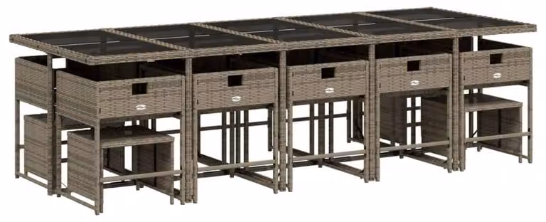 Set da salotto da esterno composto da 15 pezzi, color grigio, realizzato in rattan sintetico. Include cuscini. Resistente agli agenti atmosferici