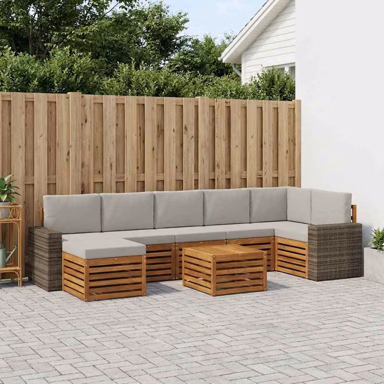 Set di divani da esterno vidaXL 8 pz in legno di acacia con pouf e tavolino, colore beige e grigio