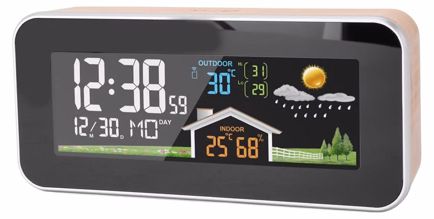 Stazione meteorologica in legno con display LCD a colori, sveglia e sensore