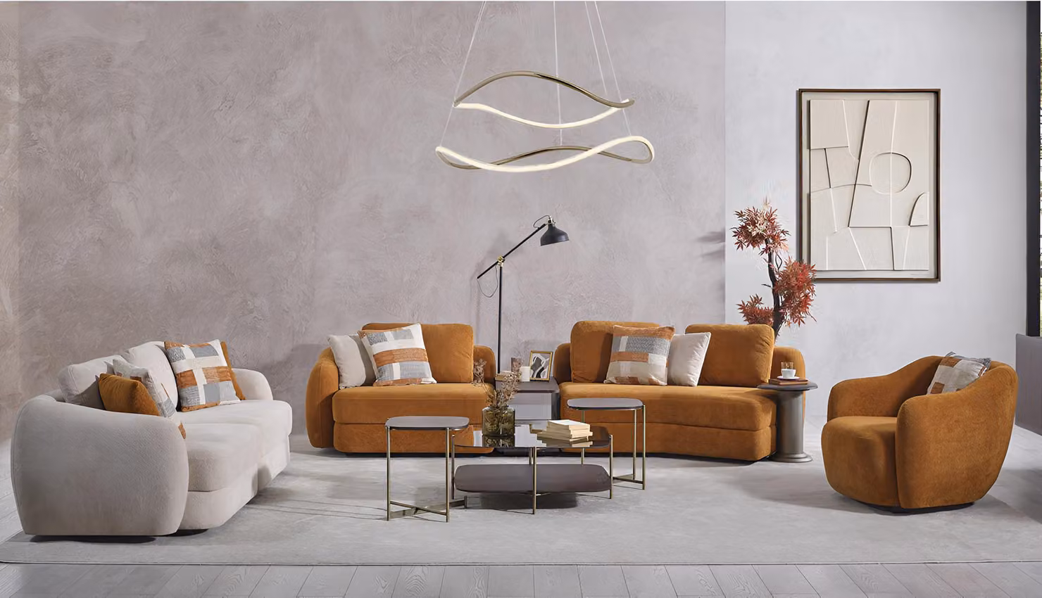 Moderne Sofagarnitur mit 2 Sofas und 1 Sessel in warmen Tönen Hochwertig Möbel