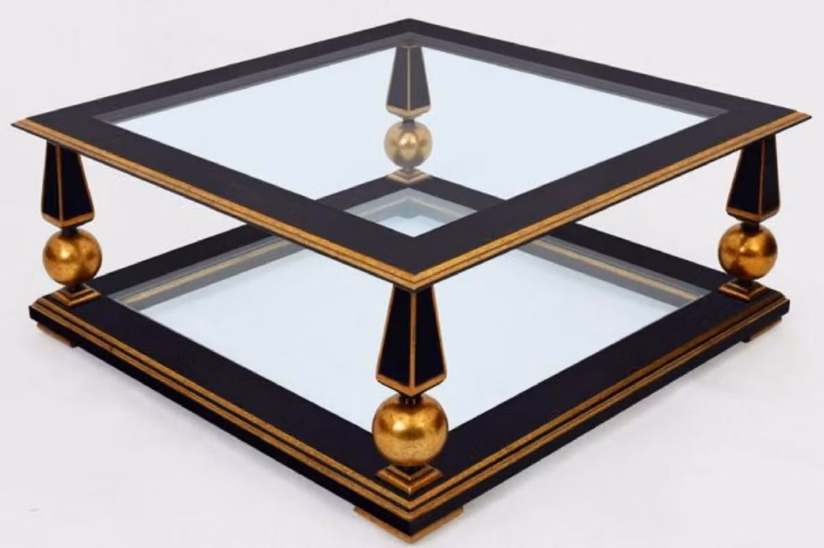 Casa Padrino tavolino barocco nero/oro antico 113 x 113 x h. 47 cm - Magnifico tavolo da salotto in legno massello con piano in vetro - Mobili da salotto barocchi