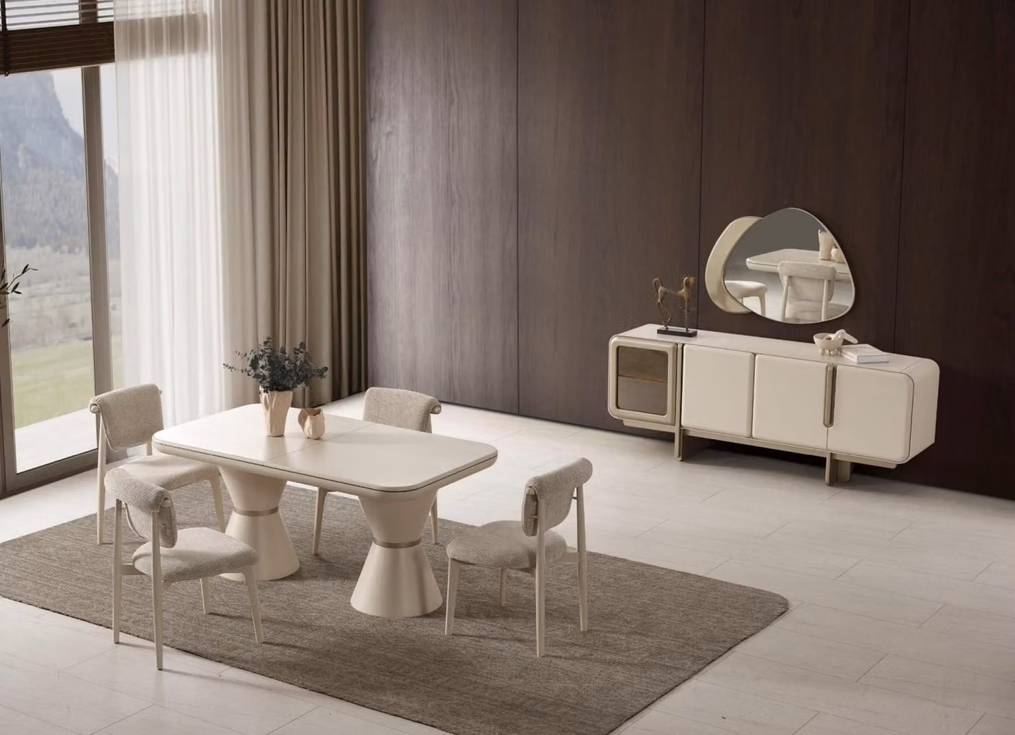 Set da pranzo beige, elegante tavolo da pranzo, robusta credenza, composto da 2 elementi