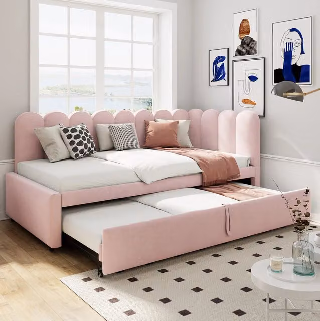 Divano letto multifunzione a L 90x200 cm con letto estraibile; in velluto rosa