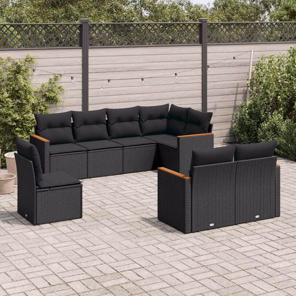 vidaXL Set di Divani da Giardino a L in Polyrattan e Legno di Acacia con Cuscini, 8 Pezzi, Nero – 1