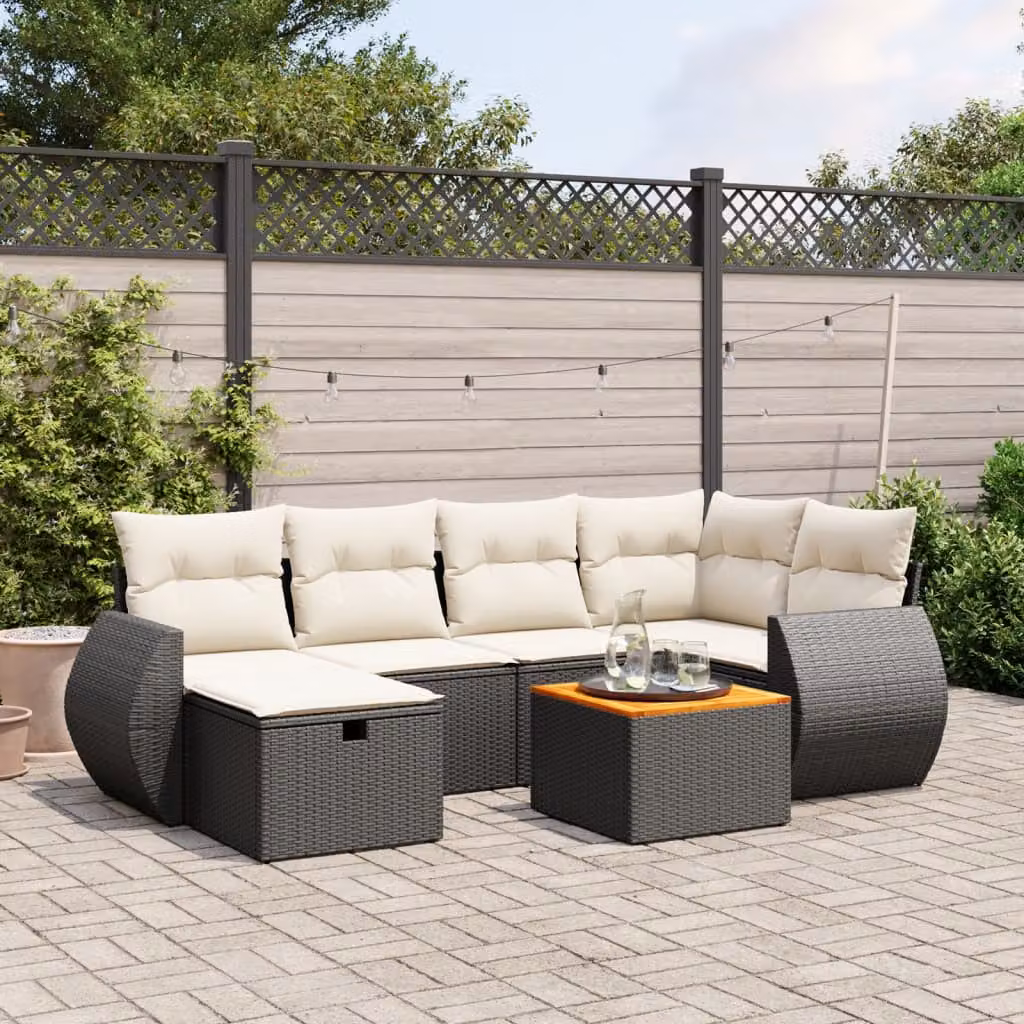 vidaXL Set Divano da Giardino a L con 7 Pezzi, Polyrattan Nero e Cuscini con Rivestimenti Rimovibili e Tavolino da Caffè – 1