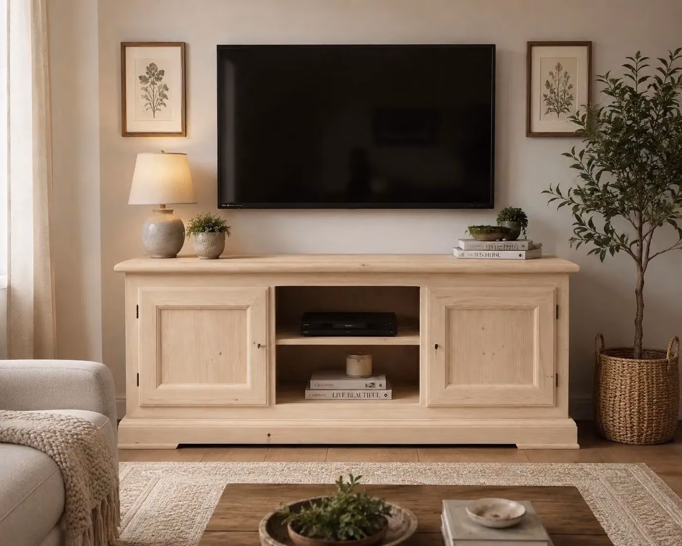 Porta TV Mobili 2G in legno grezzo con 2 porte e 1 vano a giorno, colore marrone, L 162 cm x P 51 cm x H 61 cm – 2