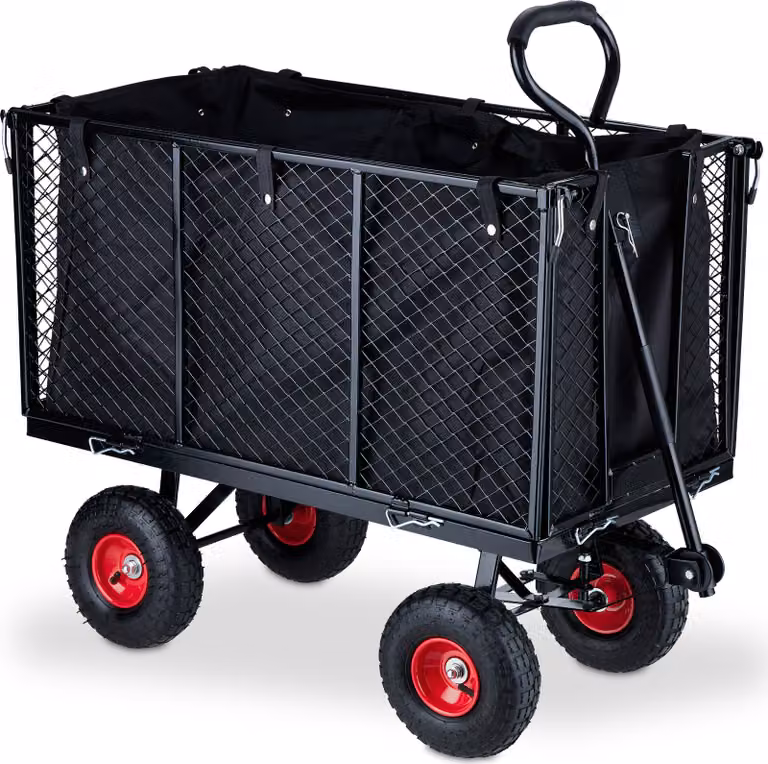 Carrello a mano Relaxdays, carrello di grandi dimensioni, sponde laterali ribaltabili, telone rimovibile, con maniglie, 500 kg, nero-rosso