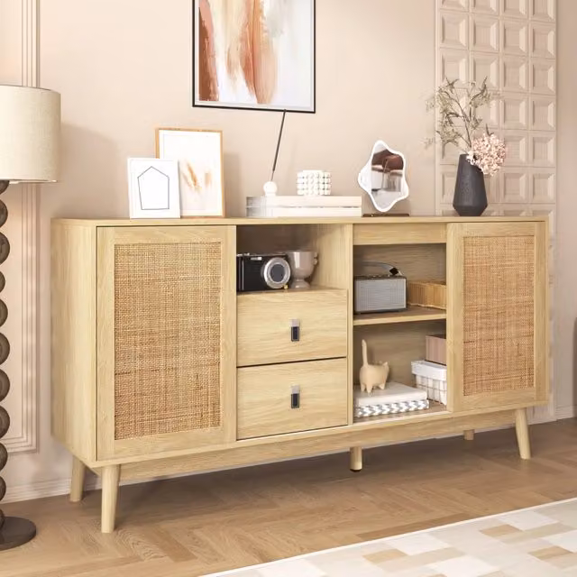 Credenza in stile scandinavo con 3 ante scorrevoli in rattan e 2 cassetti, color legno beige e marrone, L: 155 cm, P: 38 cm, H: 80 cm