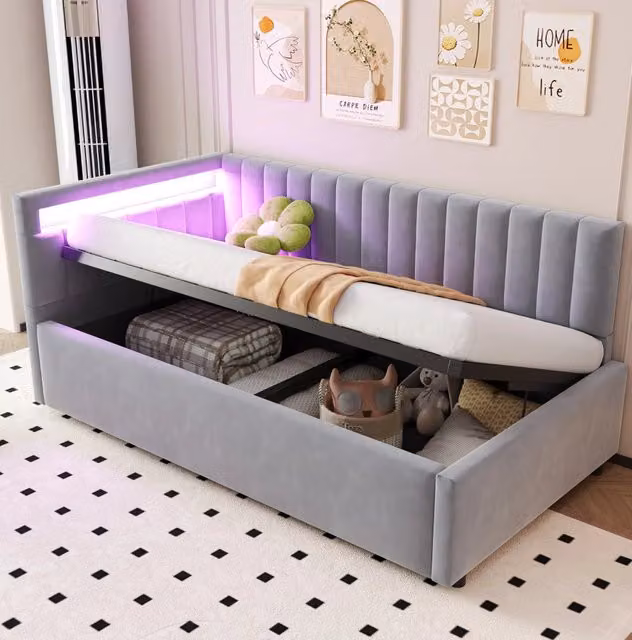 Letto Contenitore REDOM in Velluto Grigio con Illuminazione LED e Base a Sollevamento L/P/H: 90 x 200 x 206 cm