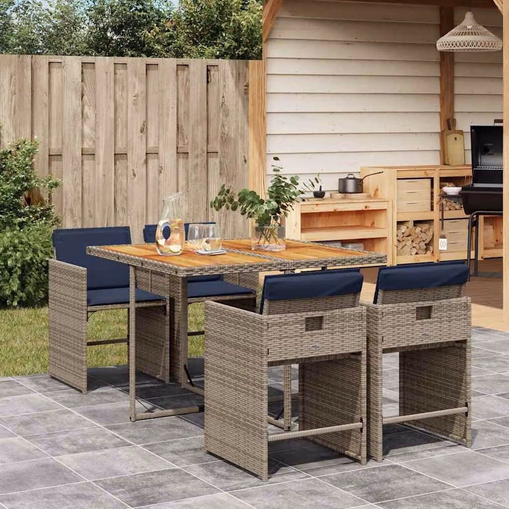 Set da pranzo da giardino vidaXL in polyrattan e legno di acacia con 5 pezzi e cuscini, design moderno per esterno