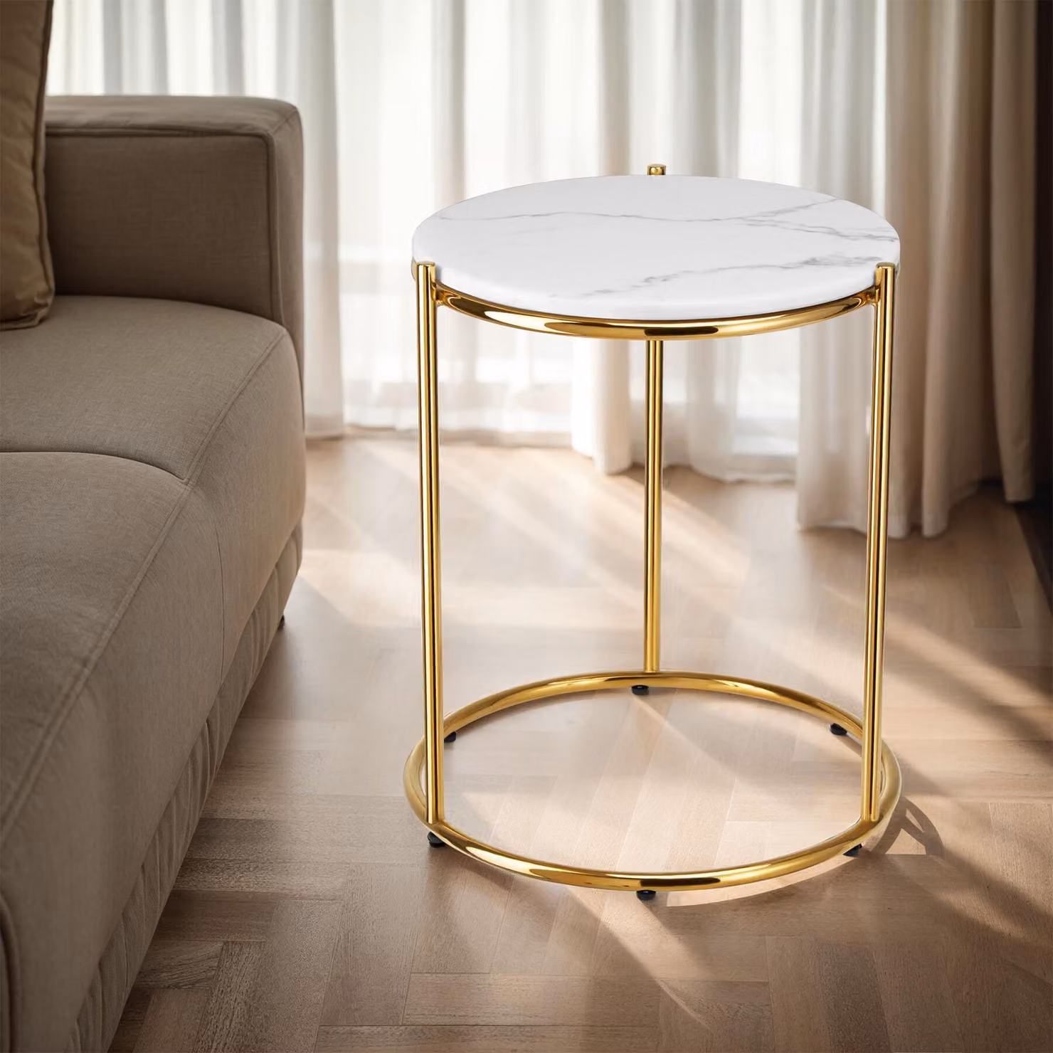 Tavolino rotondo Ellsa Tectake con piano effetto marmo bianco e telaio in acciaio oro – 2