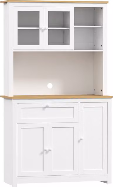 Mobile da cucina HOMCOM in stile country con vetrina, ripiano aperto, cassetto e armadietti, colore naturale e bianco – 1