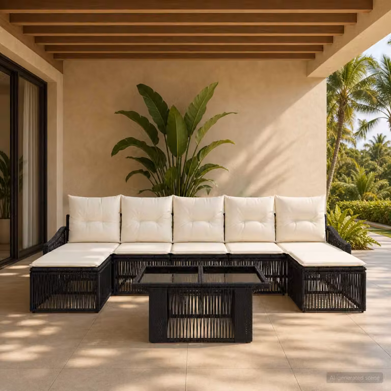 Set Divano da Giardino vidaXL 8 Pezzi in Polyrattan Nero e Bianco Crema con Tavolino e Ottoman